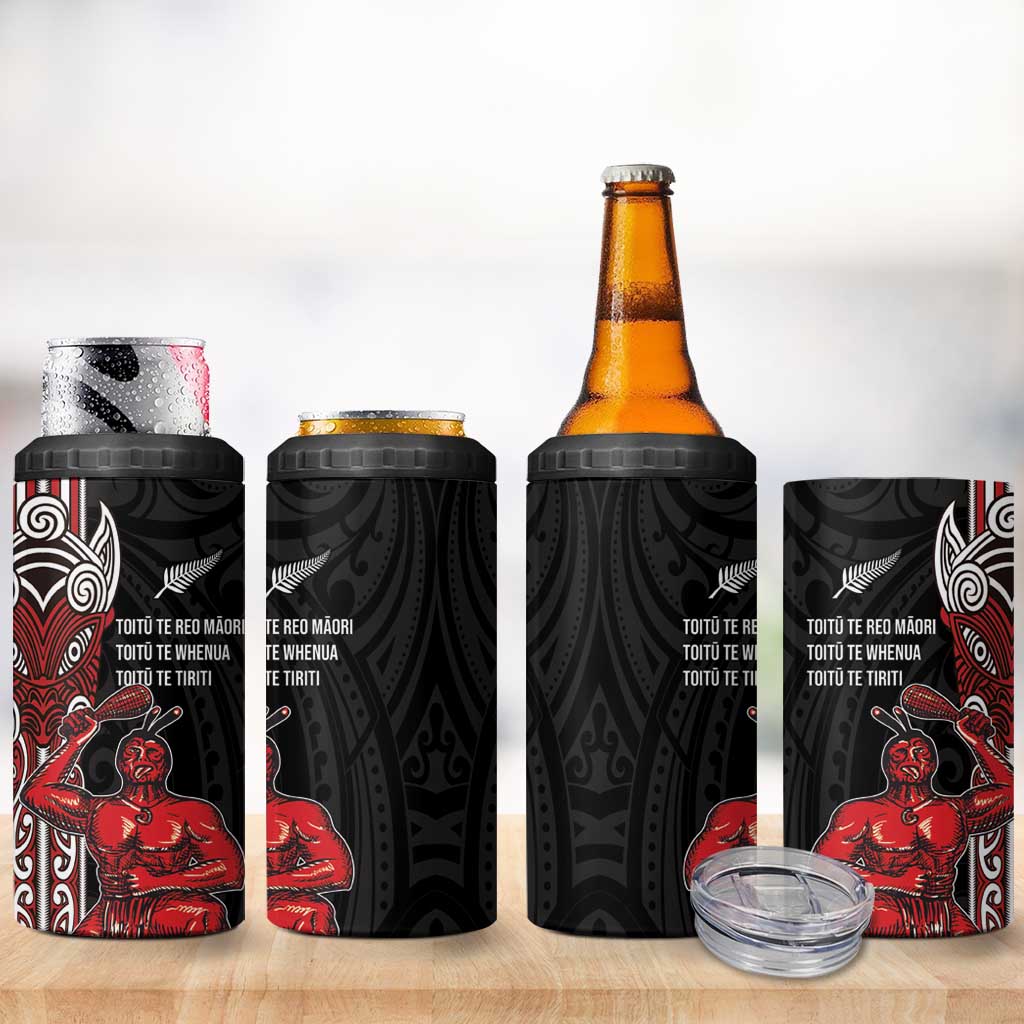Toitu Te Reo Maori Toitu Te Whenua Toitu Te Tiriti 4 in 1 Can Cooler Tumbler Maori Warrior LT01 - Polynesian Pride