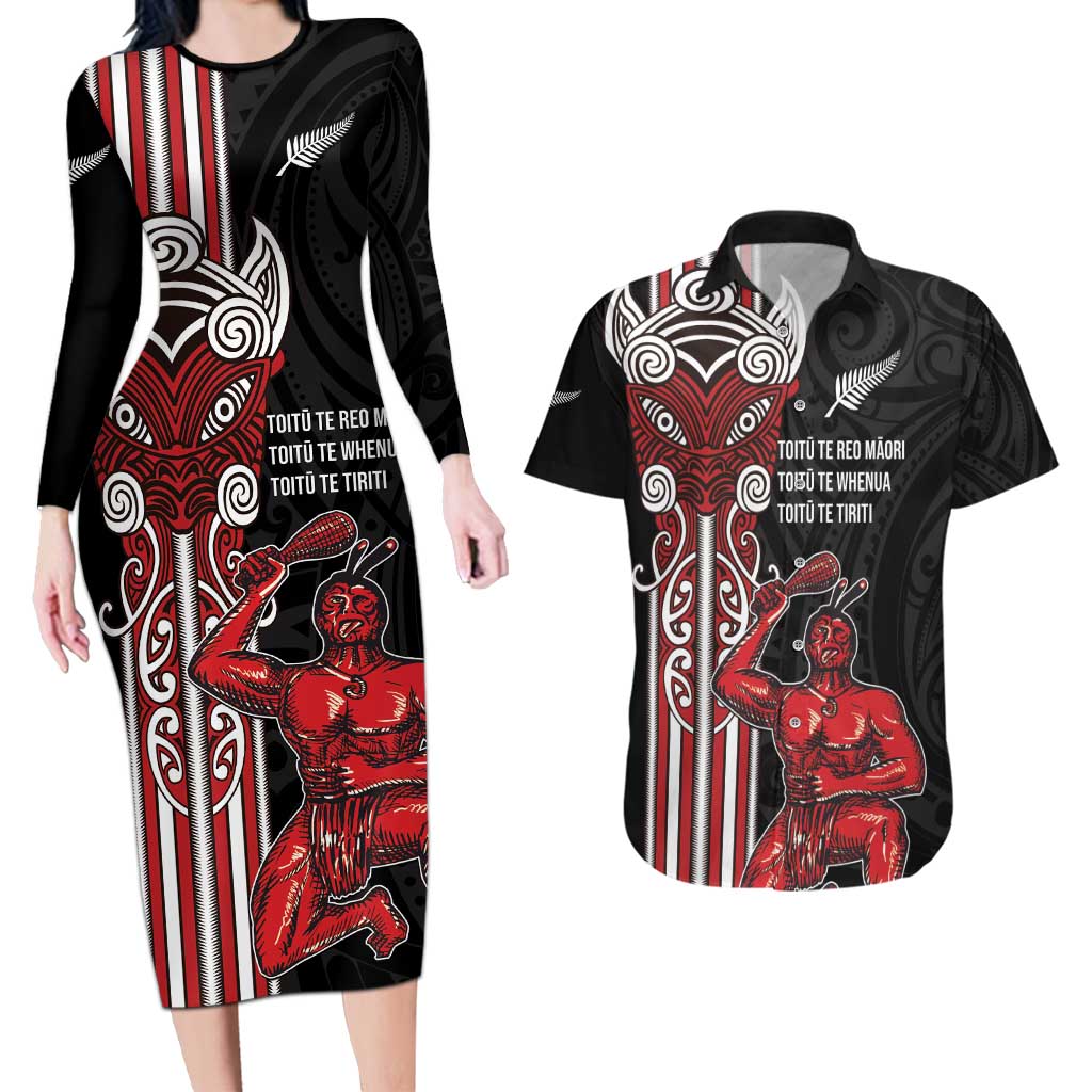 Toitu Te Reo Maori Toitu Te Whenua Toitu Te Tiriti Couples Matching Long Sleeve Bodycon Dress and Hawaiian Shirt Maori Warrior New Zealand LT01 Black - Polynesian Pride