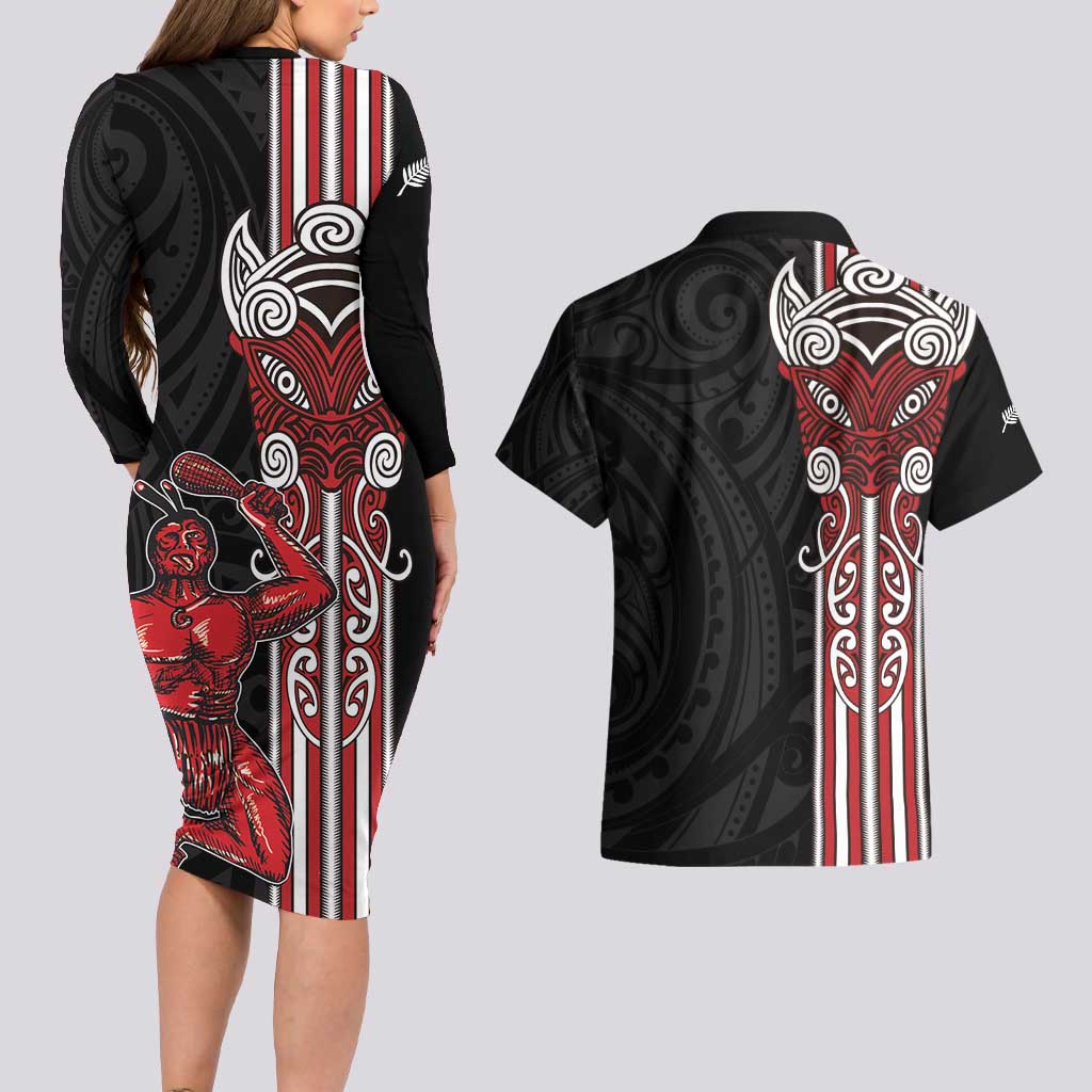 Toitu Te Reo Maori Toitu Te Whenua Toitu Te Tiriti Couples Matching Long Sleeve Bodycon Dress and Hawaiian Shirt Maori Warrior New Zealand LT01 - Polynesian Pride