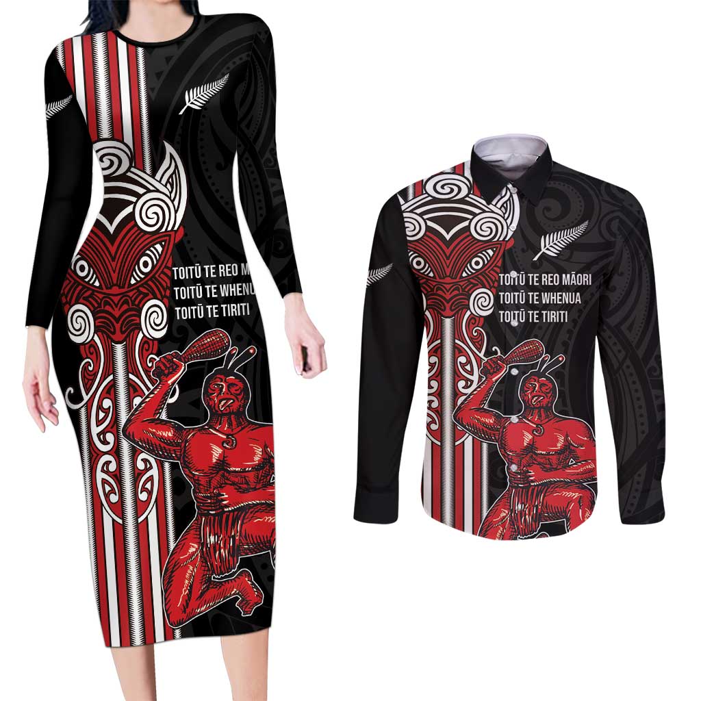 Toitu Te Reo Maori Toitu Te Whenua Toitu Te Tiriti Couples Matching Long Sleeve Bodycon Dress and Long Sleeve Button Shirt Maori Warrior New Zealand