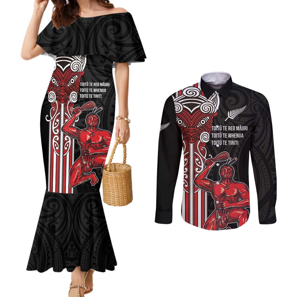 Toitu Te Reo Maori Toitu Te Whenua Toitu Te Tiriti Couples Matching Mermaid Dress and Long Sleeve Button Shirt Maori Warrior New Zealand
