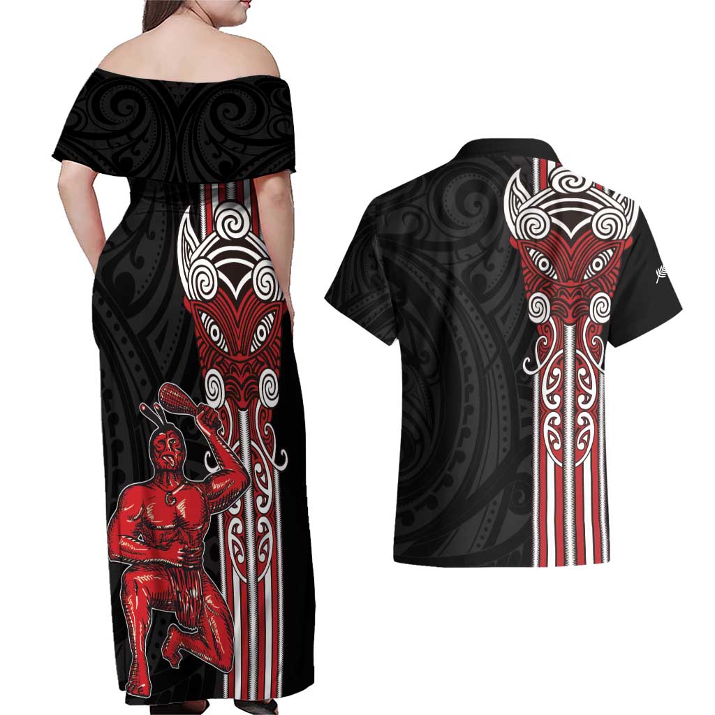 Toitu Te Reo Maori Toitu Te Whenua Toitu Te Tiriti Couples Matching Off Shoulder Maxi Dress and Hawaiian Shirt Maori Warrior New Zealand LT01 - Polynesian Pride
