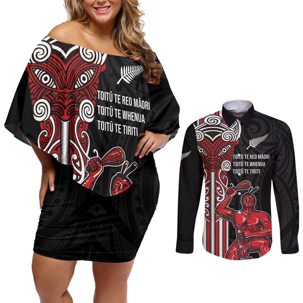 Toitu Te Reo Maori Toitu Te Whenua Toitu Te Tiriti Couples Matching Off Shoulder Short Dress and Long Sleeve Button Shirt Maori Warrior New Zealand