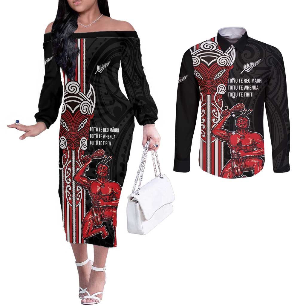 Toitu Te Reo Maori Toitu Te Whenua Toitu Te Tiriti Couples Matching Off The Shoulder Long Sleeve Dress and Long Sleeve Button Shirt Maori Warrior New Zealand