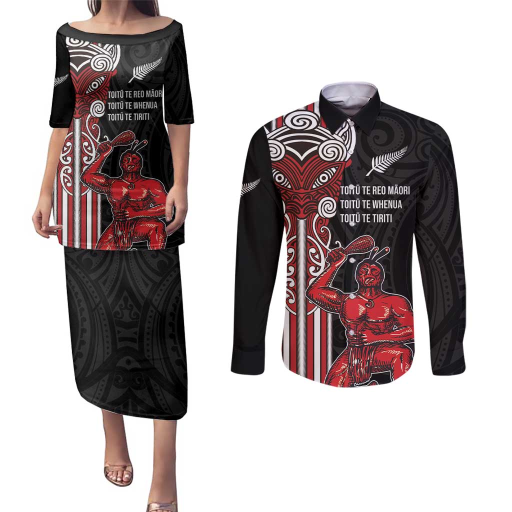 Toitu Te Reo Maori Toitu Te Whenua Toitu Te Tiriti Couples Matching Puletasi and Long Sleeve Button Shirt Maori Warrior New Zealand