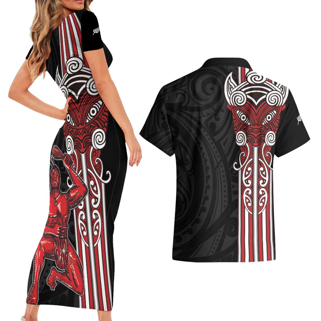 Toitu Te Reo Maori Toitu Te Whenua Toitu Te Tiriti Couples Matching Short Sleeve Bodycon Dress and Hawaiian Shirt Maori Warrior New Zealand LT01 - Polynesian Pride