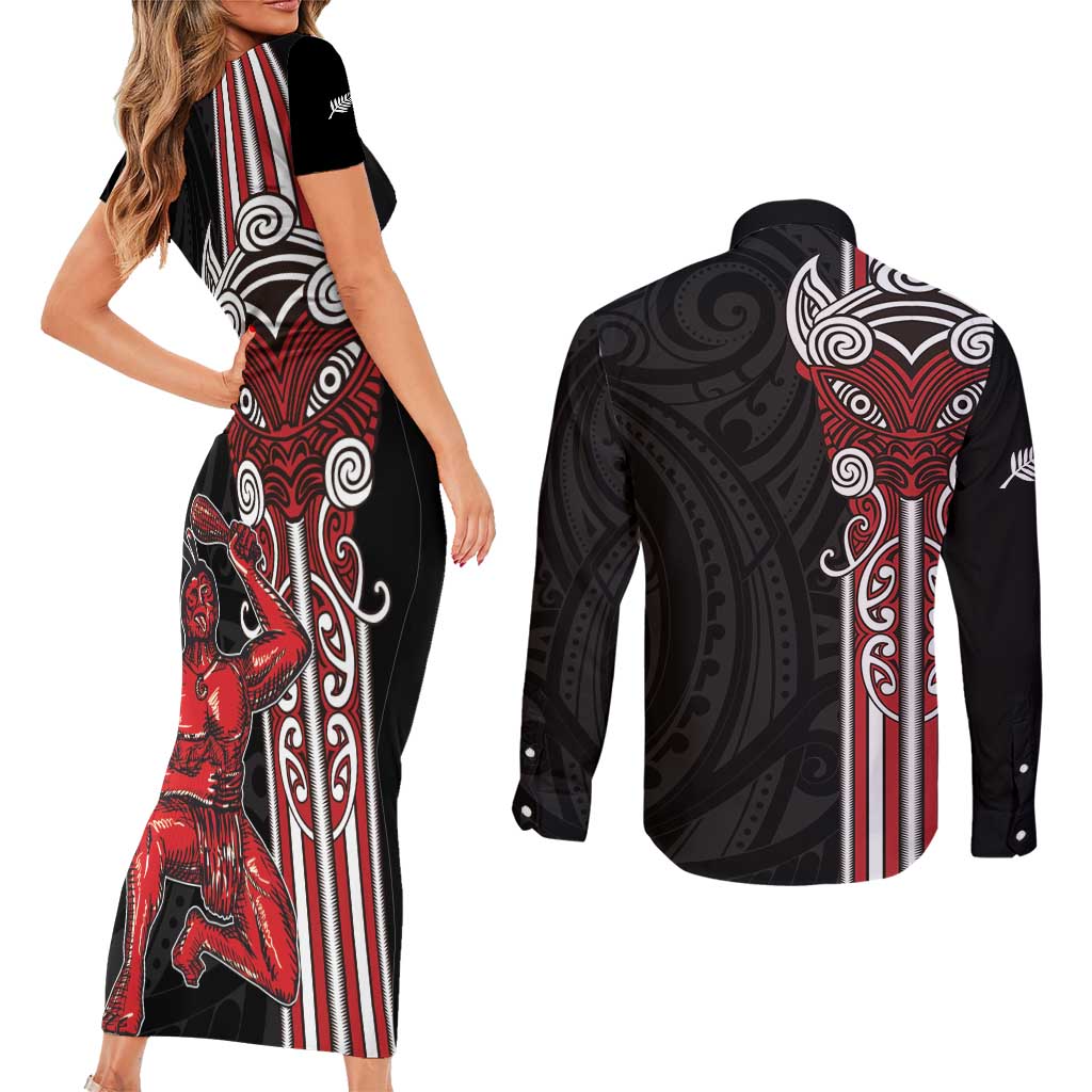 Toitu Te Reo Maori Toitu Te Whenua Toitu Te Tiriti Couples Matching Short Sleeve Bodycon Dress and Long Sleeve Button Shirt Maori Warrior New Zealand