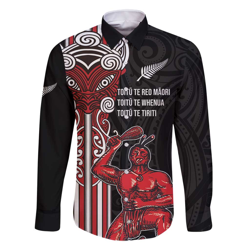 Toitu Te Reo Maori Toitu Te Whenua Toitu Te Tiriti Family Matching Long Sleeve Bodycon Dress and Hawaiian Shirt Maori Warrior New Zealand LT01 Dad's Shirt - Long Sleeve Black - Polynesian Pride