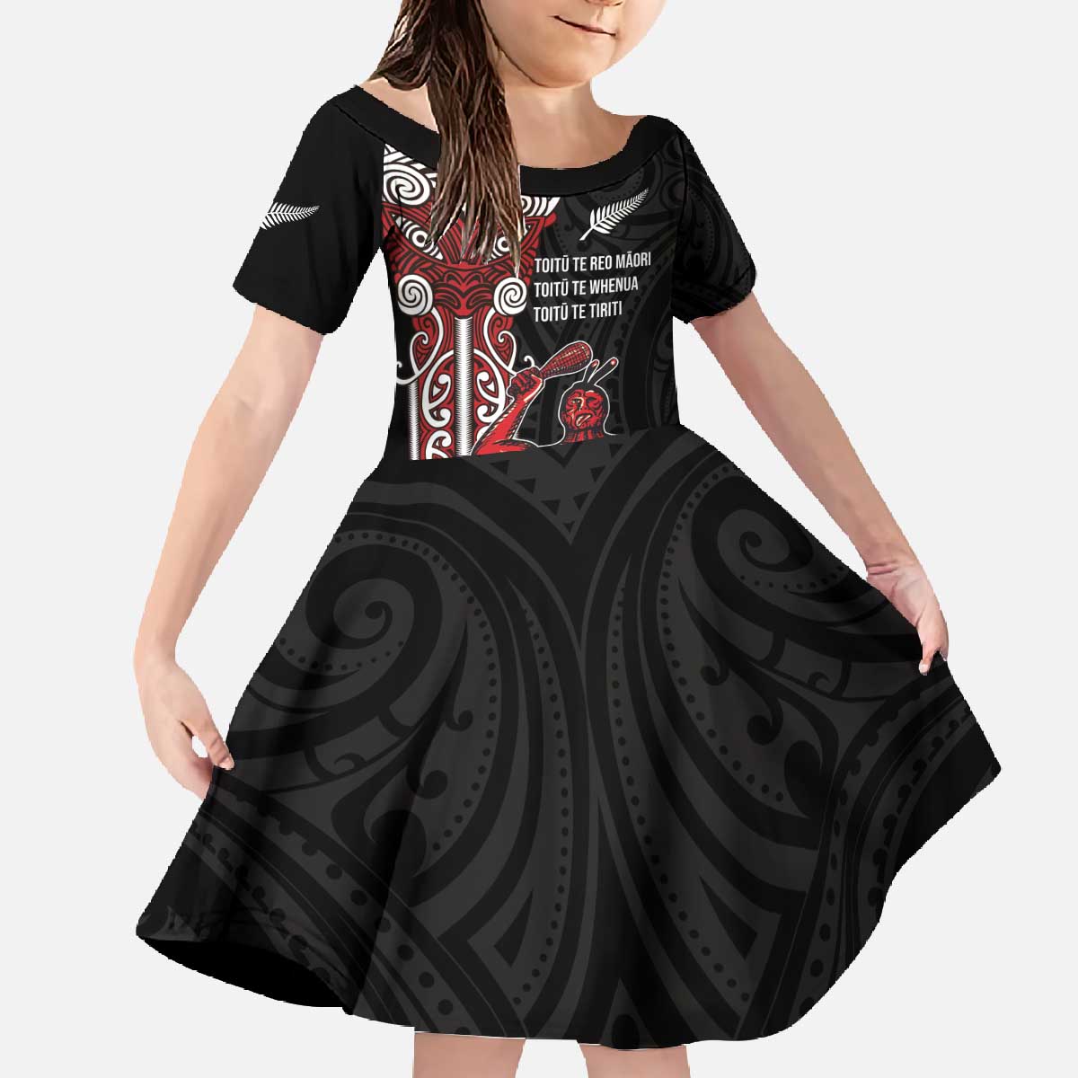 Toitu Te Reo Maori Toitu Te Whenua Toitu Te Tiriti Family Matching Off The Shoulder Long Sleeve Dress and Hawaiian Shirt Maori Warrior New Zealand LT01 Daughter's Dress Black - Polynesian Pride