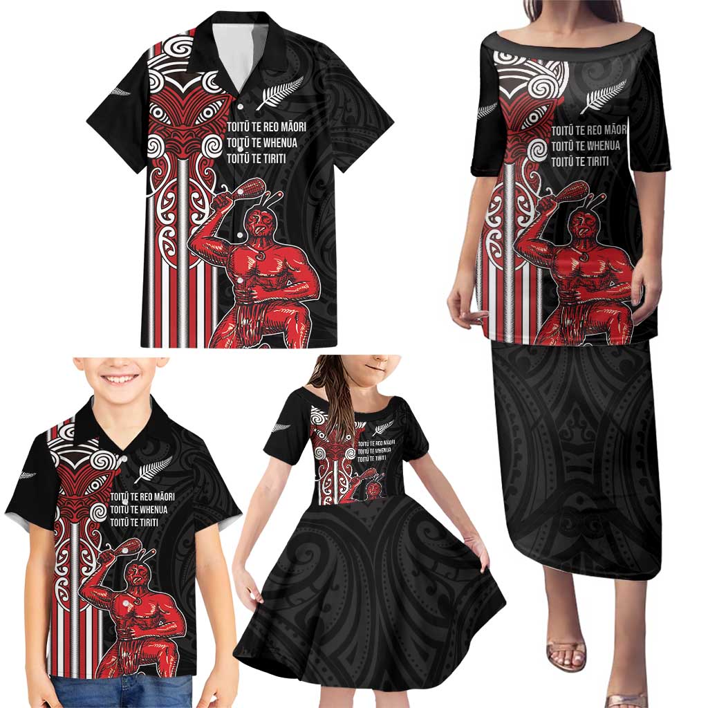 Toitu Te Reo Maori Toitu Te Whenua Toitu Te Tiriti Family Matching Puletasi and Hawaiian Shirt Maori Warrior New Zealand LT01 - Polynesian Pride