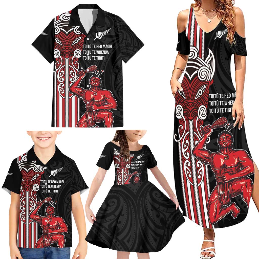 Toitu Te Reo Maori Toitu Te Whenua Toitu Te Tiriti Family Matching Summer Maxi Dress and Hawaiian Shirt Maori Warrior New Zealand LT01 - Polynesian Pride