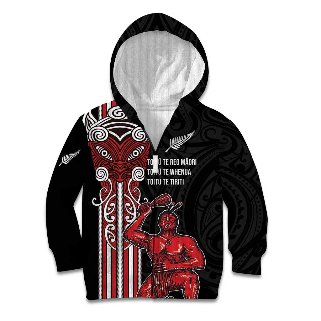 Toitu Te Reo Maori Toitu Te Whenua Toitu Te Tiriti Kid Hoodie Maori Warrior New Zealand LT01 Zip Hoodie Black - Polynesian Pride