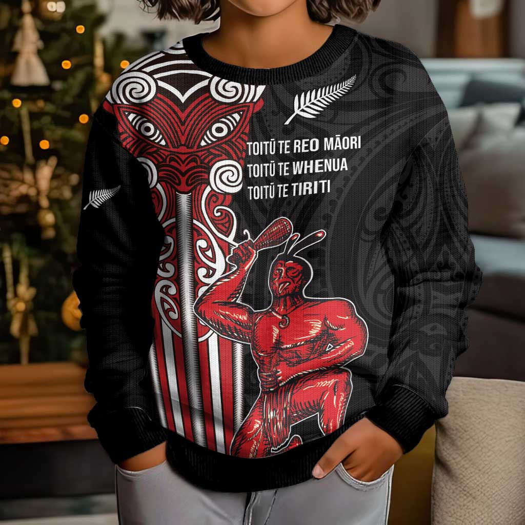 Toitu Te Reo Maori Toitu Te Whenua Toitu Te Tiriti Kid Ugly Christmas Sweater Maori Warrior LT01 - Polynesian Pride