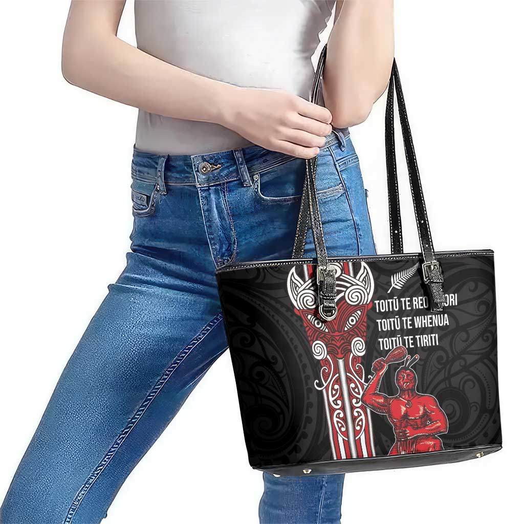 Toitu Te Reo Maori Toitu Te Whenua Toitu Te Tiriti Leather Tote Bag Maori Warrior New Zealand LT01 - Polynesian Pride