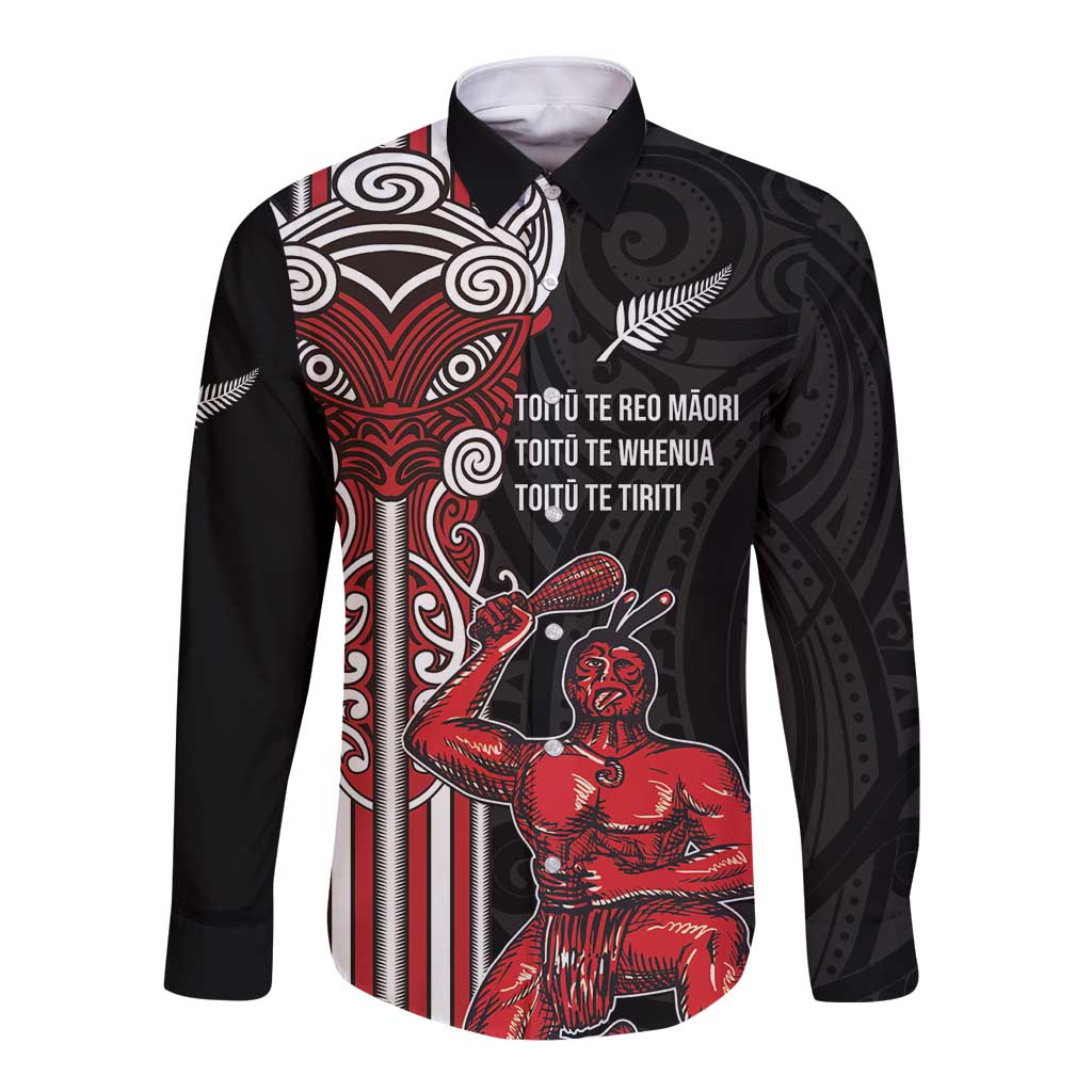 Toitu Te Reo Maori Toitu Te Whenua Toitu Te Tiriti Long Sleeve Button Shirt Maori Warrior New Zealand LT01 Unisex Black - Polynesian Pride