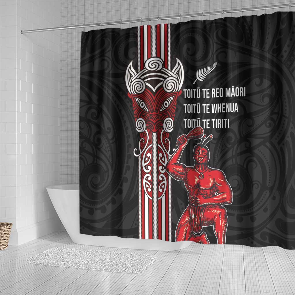 Toitu Te Reo Maori Toitu Te Whenua Toitu Te Tiriti Shower Curtain Maori Warrior New Zealand LT01 - Polynesian Pride