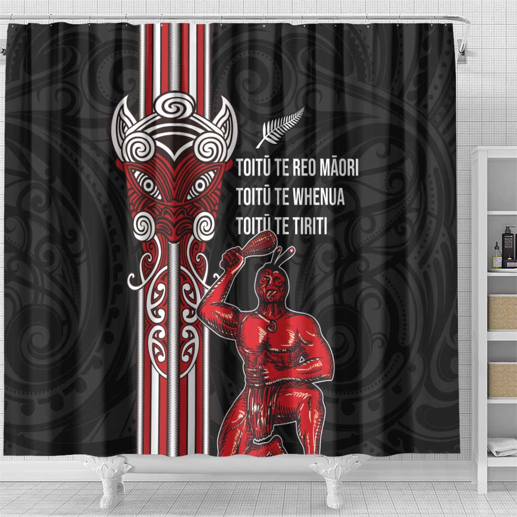 Toitu Te Reo Maori Toitu Te Whenua Toitu Te Tiriti Shower Curtain Maori Warrior New Zealand LT01 - Polynesian Pride