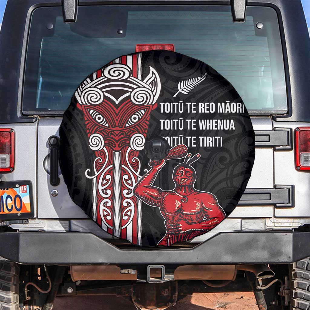 Toitu Te Reo Maori Toitu Te Whenua Toitu Te Tiriti Spare Tire Cover Maori Warrior New Zealand LT01 Black - Polynesian Pride