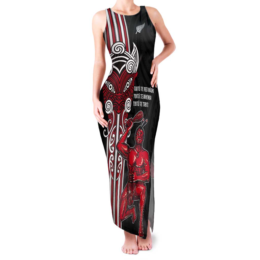 Toitu Te Reo Maori Toitu Te Whenua Toitu Te Tiriti Tank Maxi Dress Maori Warrior New Zealand LT01 Women Black - Polynesian Pride
