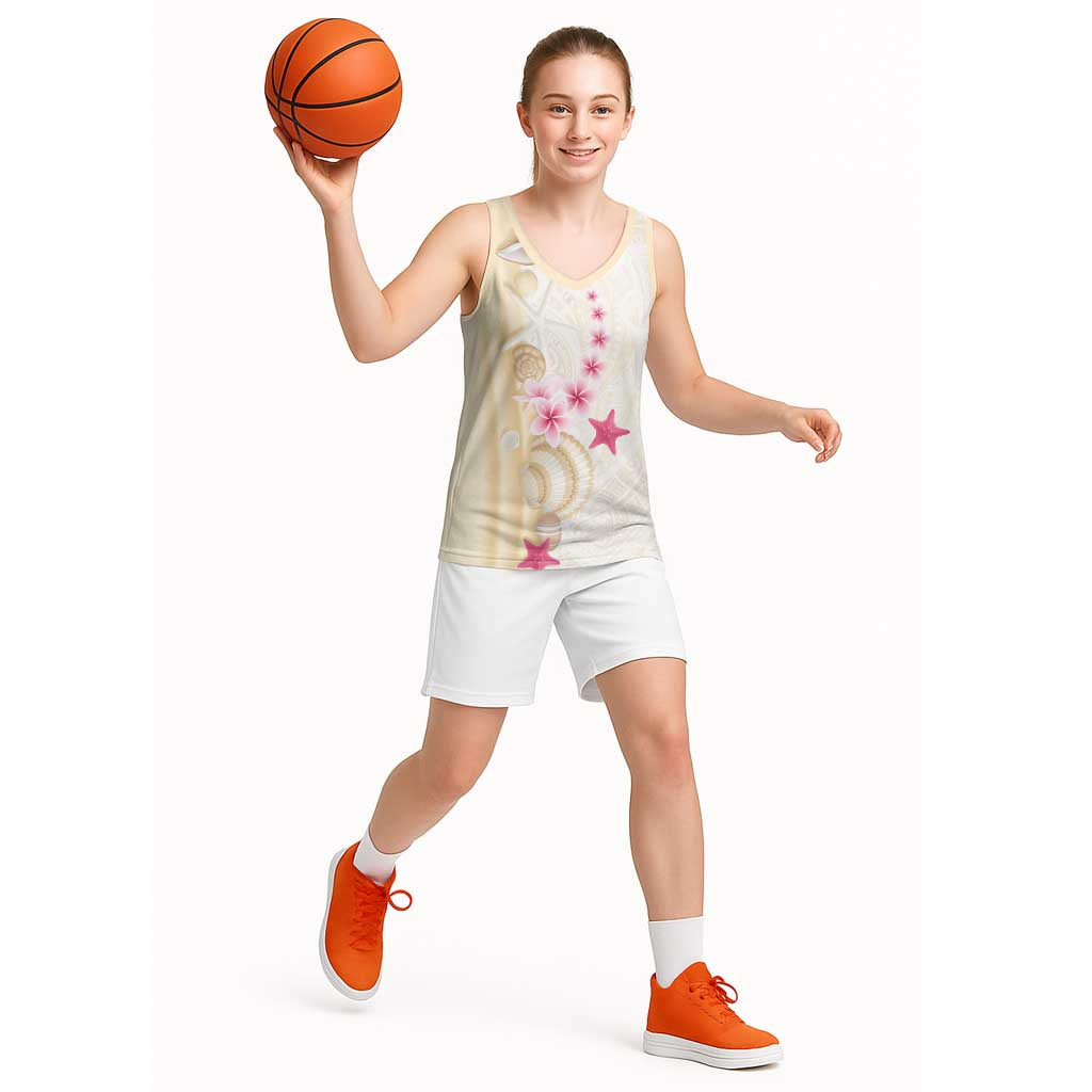Beige Frangipani Sea Shell Basketball Jersey Starfish Polynesian Pattern - Polynesian Pride