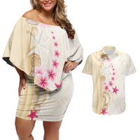 Beige Frangipani Sea Shell Couples Matching Off Shoulder Short Dress and Hawaiian Shirt Starfish Polynesian Pattern - Polynesian Pride