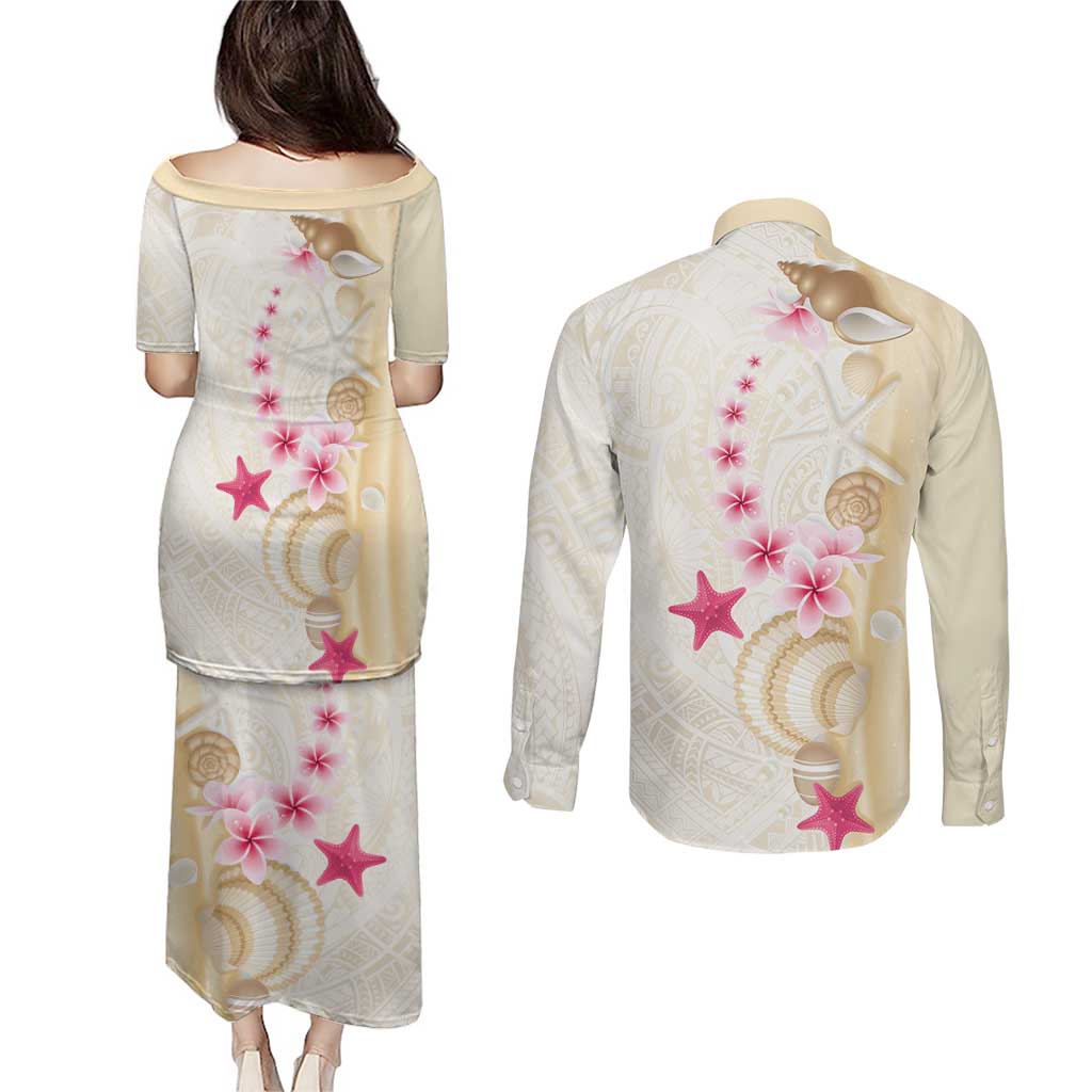 Beige Frangipani Sea Shell Couples Matching Puletasi and Long Sleeve Button Shirt Starfish Polynesian Pattern - Polynesian Pride