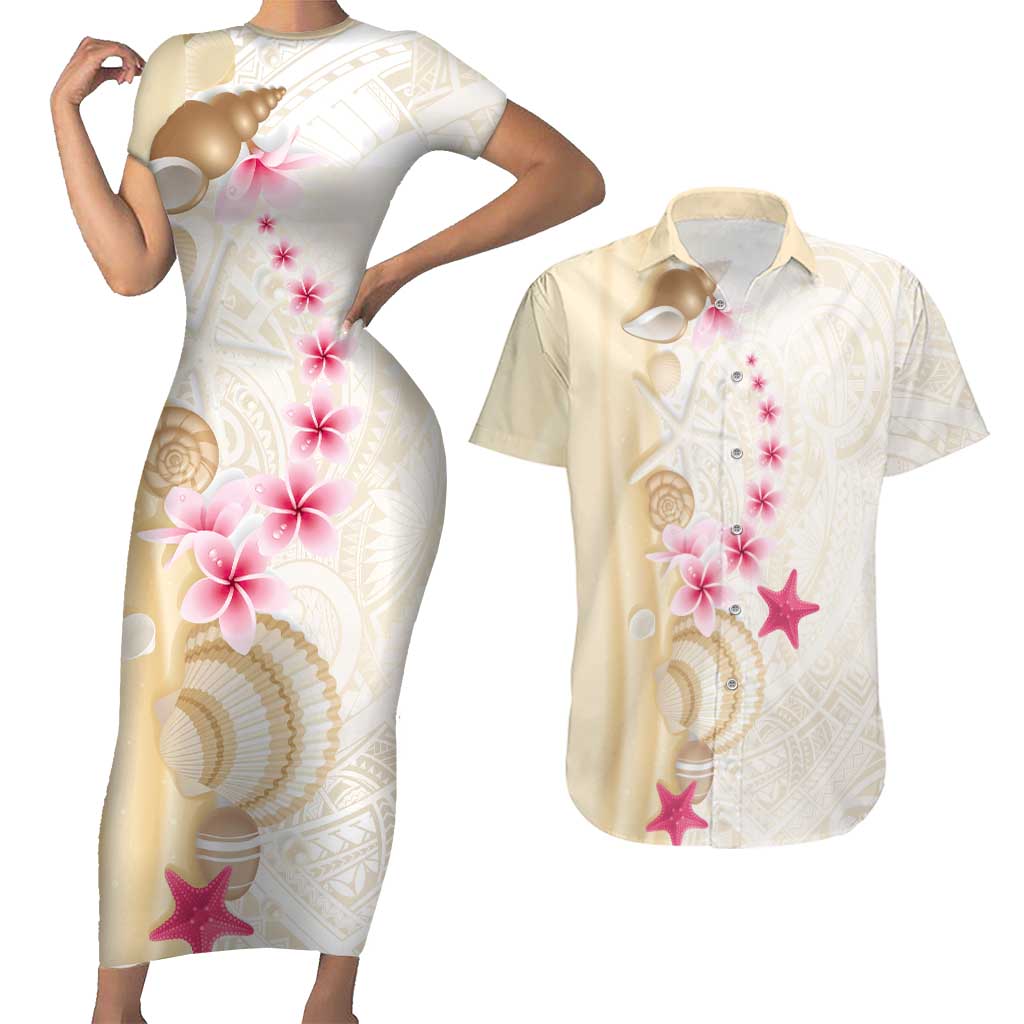 Beige Frangipani Sea Shell Couples Matching Short Sleeve Bodycon Dress and Hawaiian Shirt Starfish Polynesian Pattern - Polynesian Pride