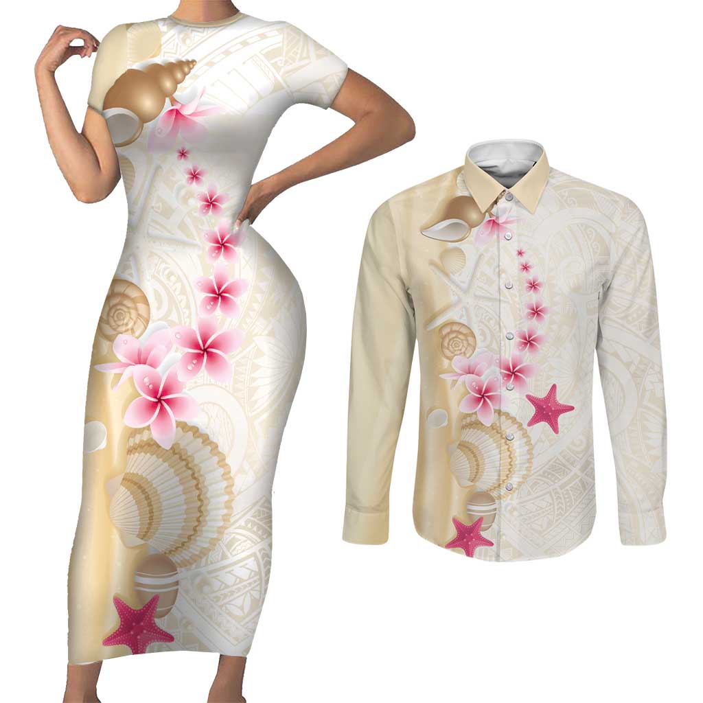 Beige Frangipani Sea Shell Couples Matching Short Sleeve Bodycon Dress and Long Sleeve Button Shirt Starfish Polynesian Pattern - Polynesian Pride