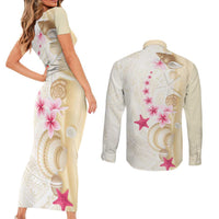 Beige Frangipani Sea Shell Couples Matching Short Sleeve Bodycon Dress and Long Sleeve Button Shirt Starfish Polynesian Pattern - Polynesian Pride
