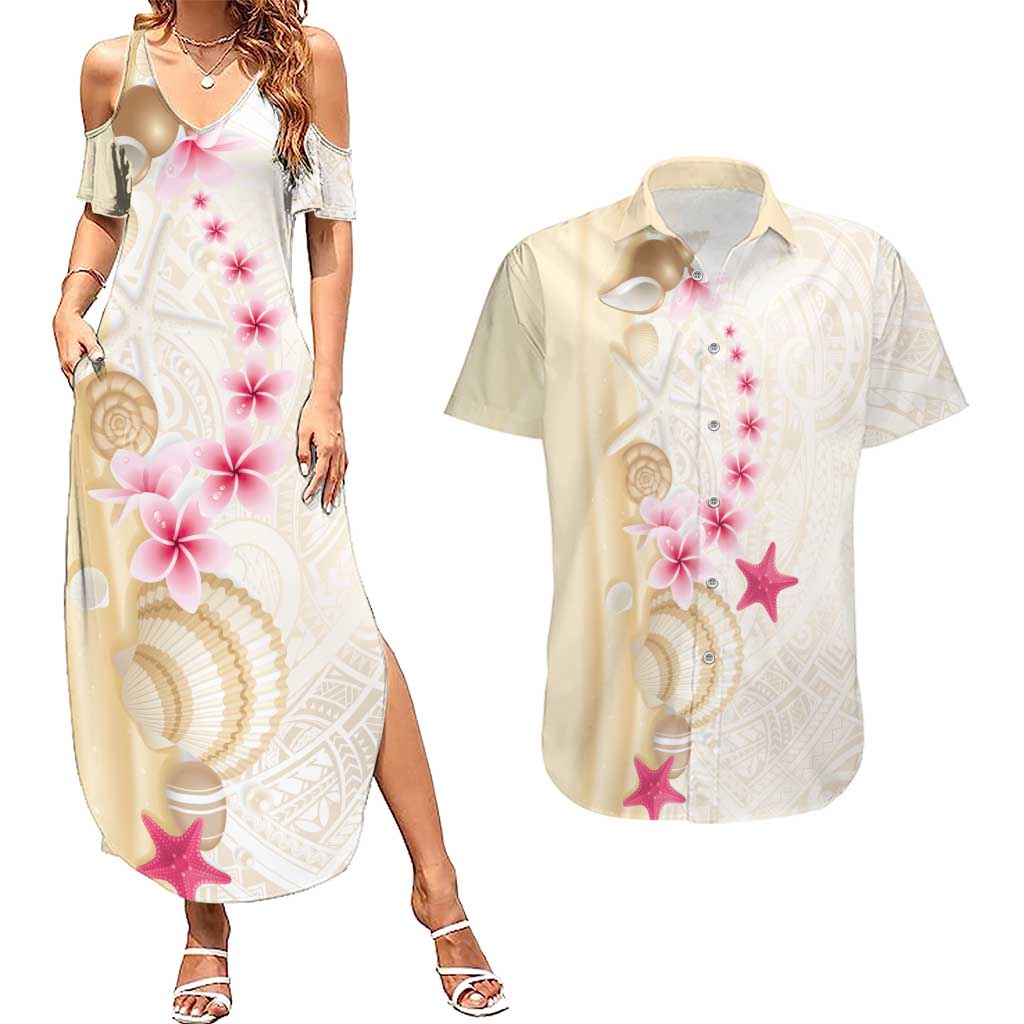 Beige Frangipani Sea Shell Couples Matching Summer Maxi Dress and Hawaiian Shirt Starfish Polynesian Pattern - Polynesian Pride
