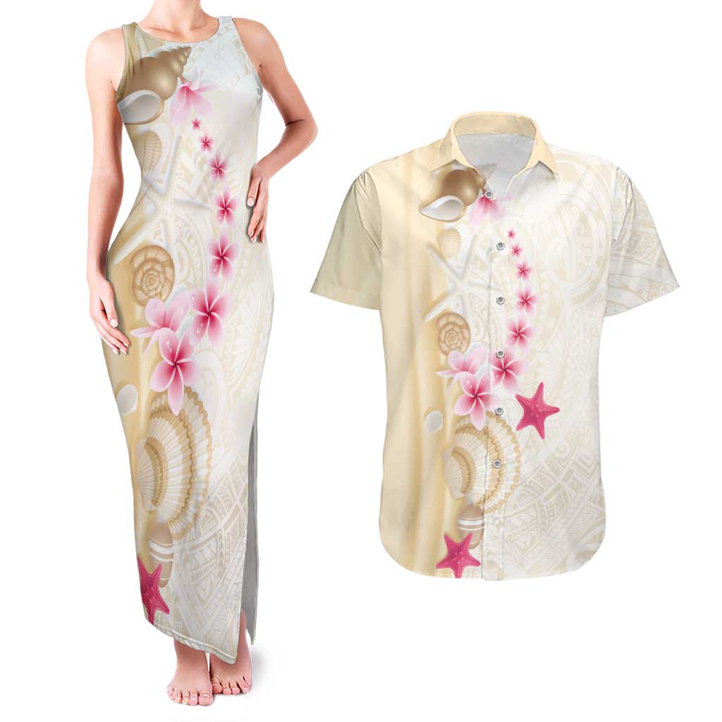 Beige Frangipani Sea Shell Couples Matching Tank Maxi Dress and Hawaiian Shirt Starfish Polynesian Pattern - Polynesian Pride