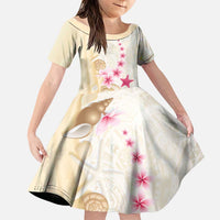 Beige Frangipani Sea Shell Family Matching Long Sleeve Bodycon Dress and Hawaiian Shirt Starfish Polynesian Pattern LT01 Daughter's Dress Beige - Polynesian Pride