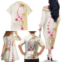 Beige Frangipani Sea Shell Family Matching Off The Shoulder Long Sleeve Dress and Hawaiian Shirt Starfish Polynesian Pattern - Polynesian Pride