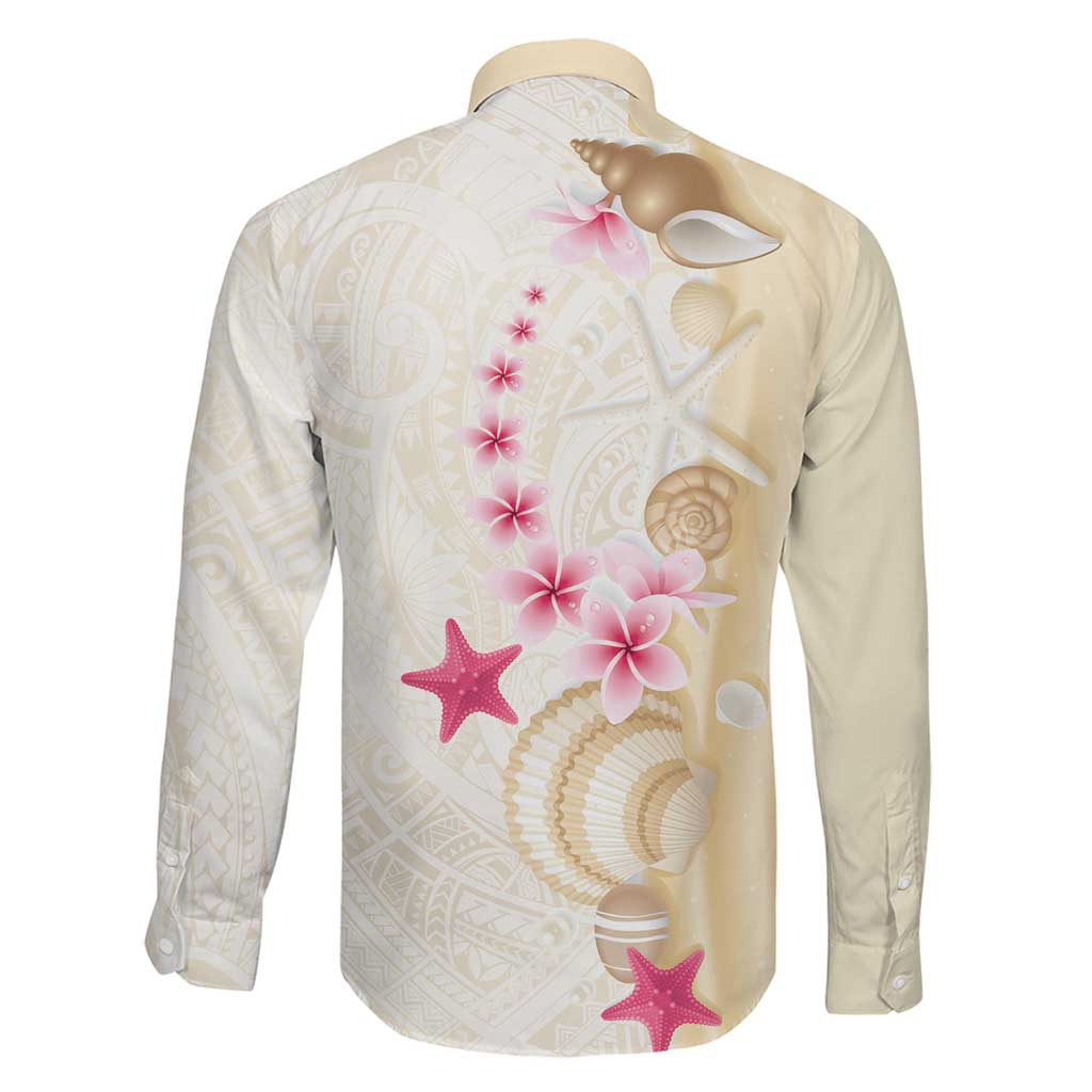 Beige Frangipani Sea Shell Family Matching Off The Shoulder Long Sleeve Dress and Hawaiian Shirt Starfish Polynesian Pattern - Polynesian Pride