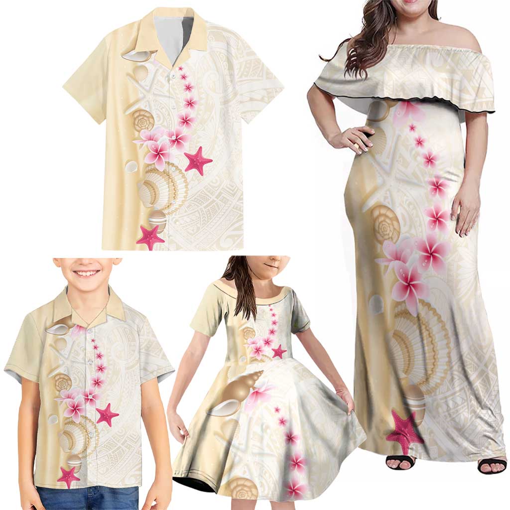 Beige Frangipani Sea Shell Family Matching Off Shoulder Maxi Dress and Hawaiian Shirt Starfish Polynesian Pattern - Polynesian Pride