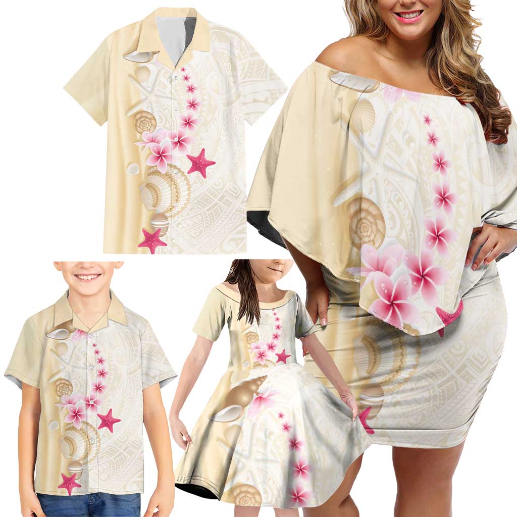 Beige Frangipani Sea Shell Family Matching Off Shoulder Short Dress and Hawaiian Shirt Starfish Polynesian Pattern - Polynesian Pride