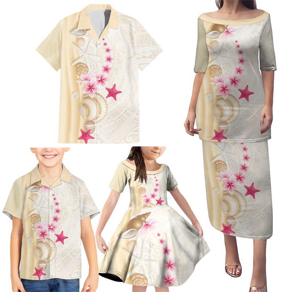 Beige Frangipani Sea Shell Family Matching Puletasi and Hawaiian Shirt Starfish Polynesian Pattern - Polynesian Pride