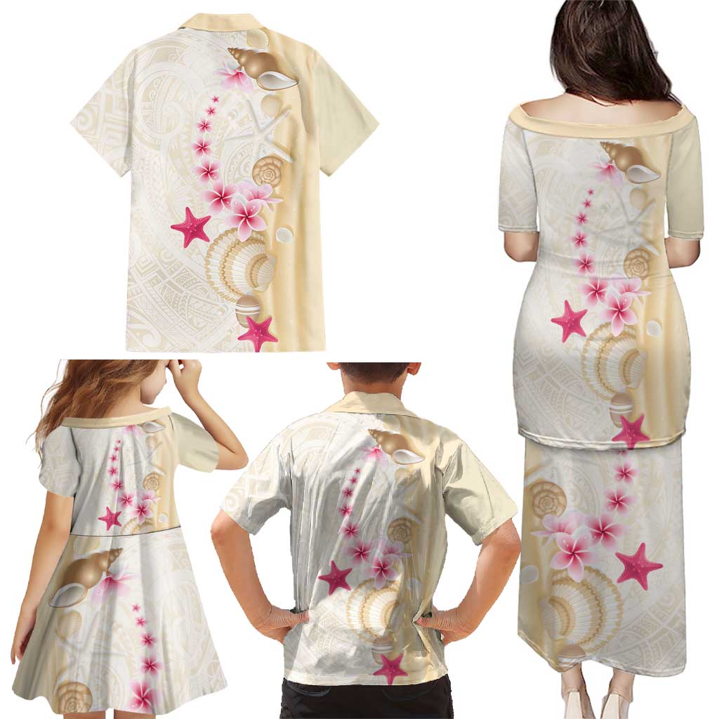 Beige Frangipani Sea Shell Family Matching Puletasi and Hawaiian Shirt Starfish Polynesian Pattern - Polynesian Pride
