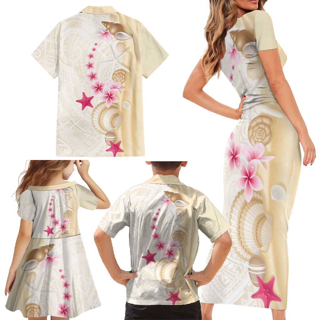 Beige Frangipani Sea Shell Family Matching Short Sleeve Bodycon Dress and Hawaiian Shirt Starfish Polynesian Pattern - Polynesian Pride