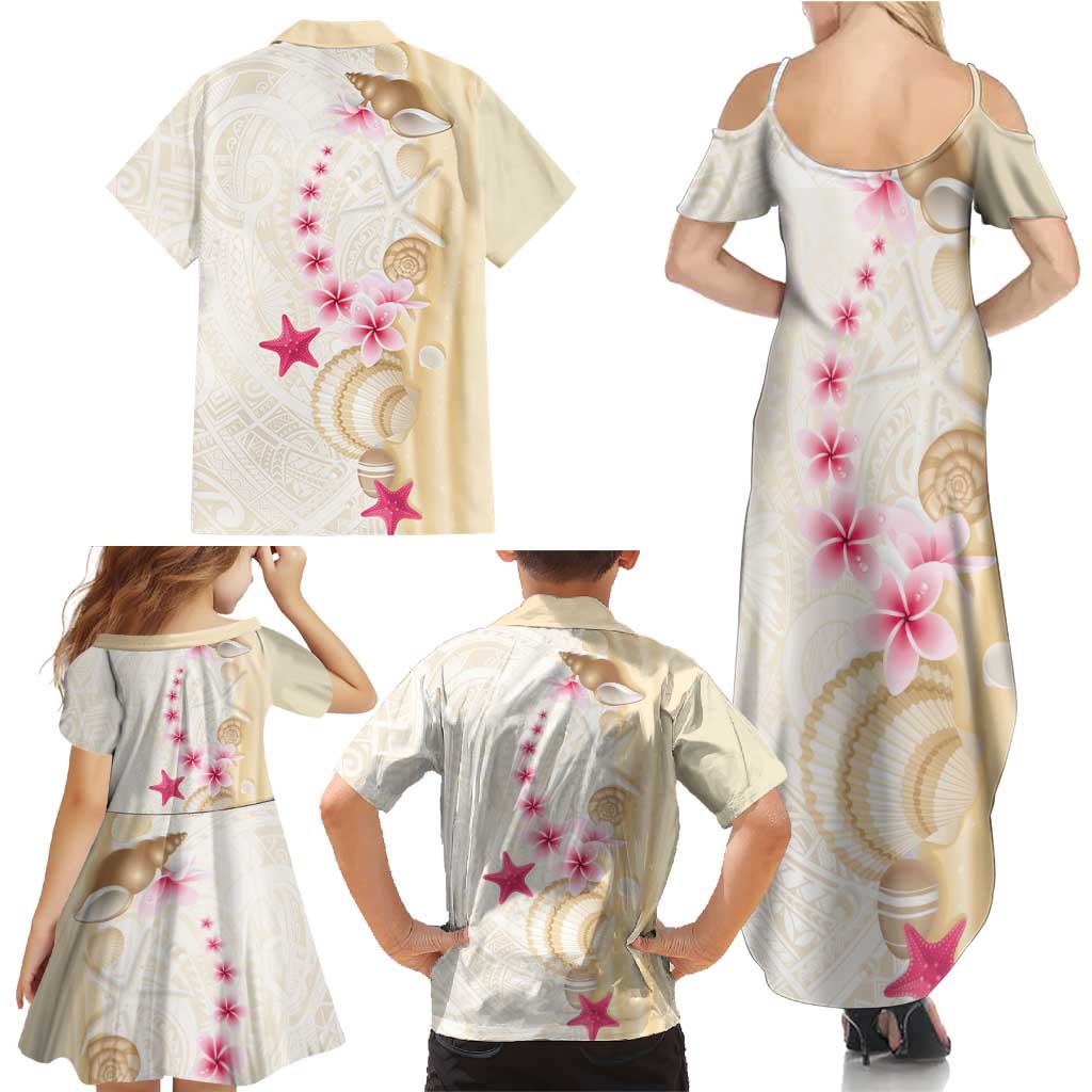 Beige Frangipani Sea Shell Family Matching Summer Maxi Dress and Hawaiian Shirt Starfish Polynesian Pattern - Polynesian Pride