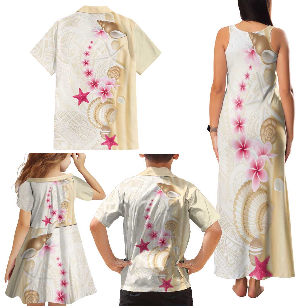 Beige Frangipani Sea Shell Family Matching Tank Maxi Dress and Hawaiian Shirt Starfish Polynesian Pattern - Polynesian Pride