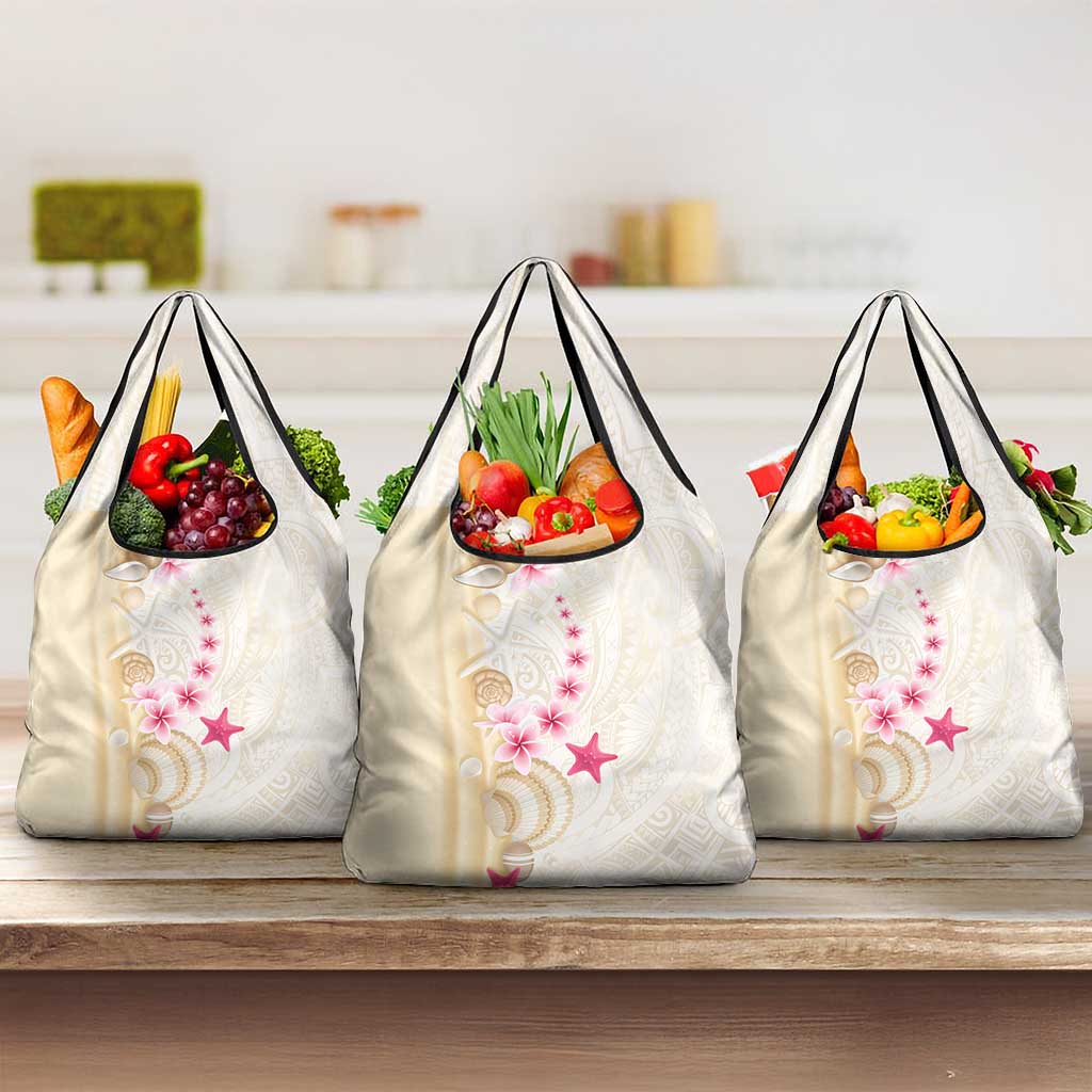 Beige Frangipani Sea Shell Grocery Bag Starfish Polynesian Pattern - Polynesian Pride