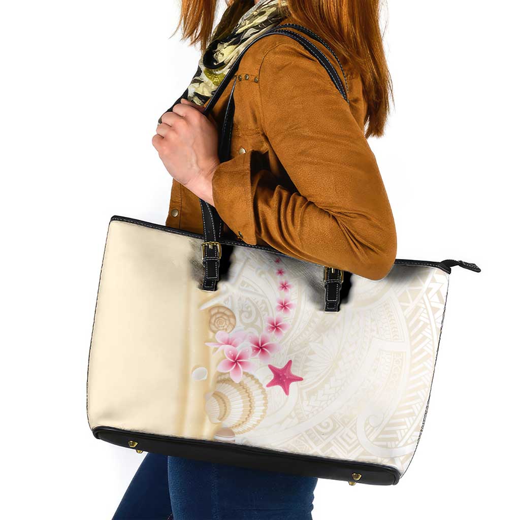 Beige Frangipani Sea Shell Leather Tote Bag Starfish Polynesian Pattern - Polynesian Pride
