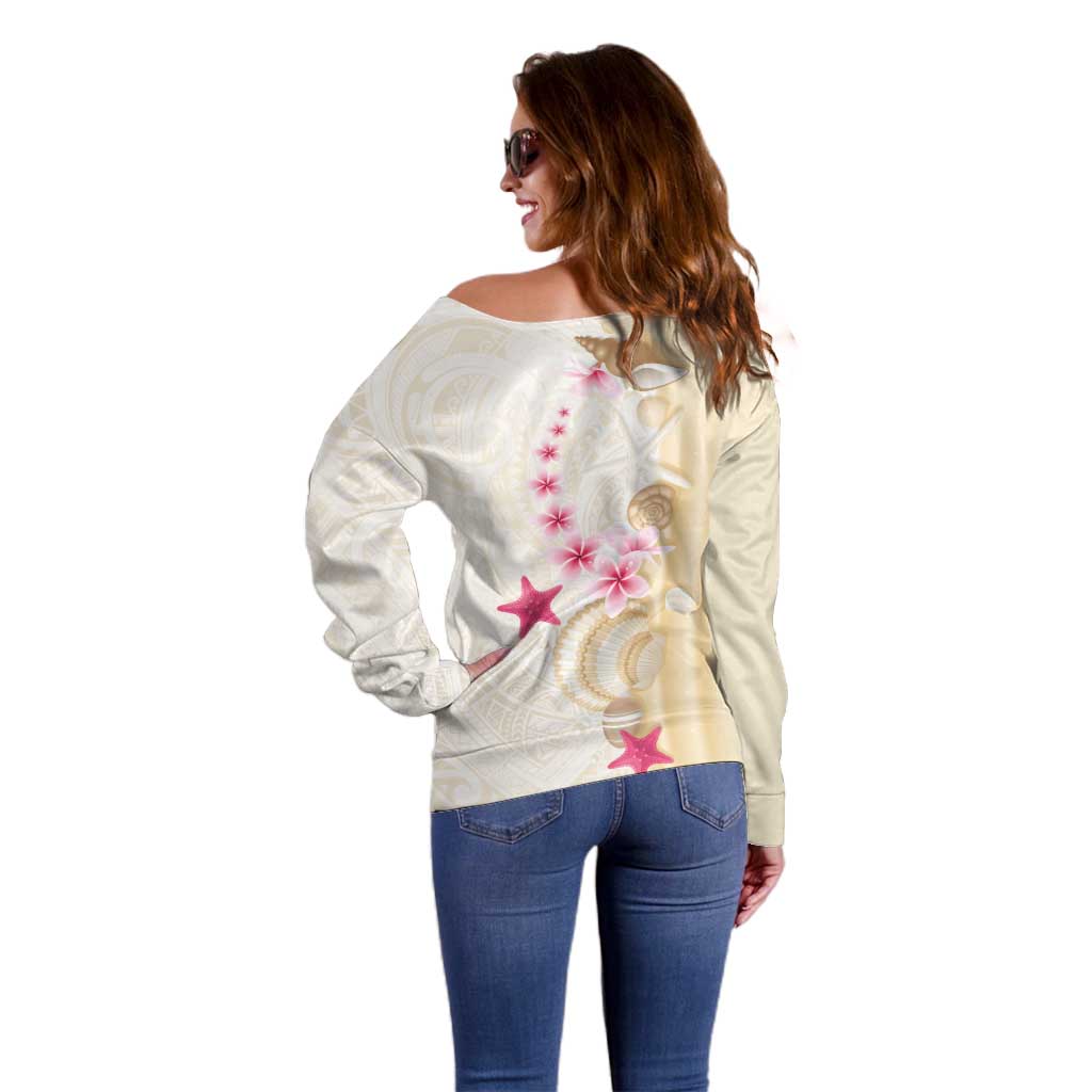Beige Frangipani Sea Shell Off Shoulder Sweater Starfish Polynesian Pattern - Polynesian Pride