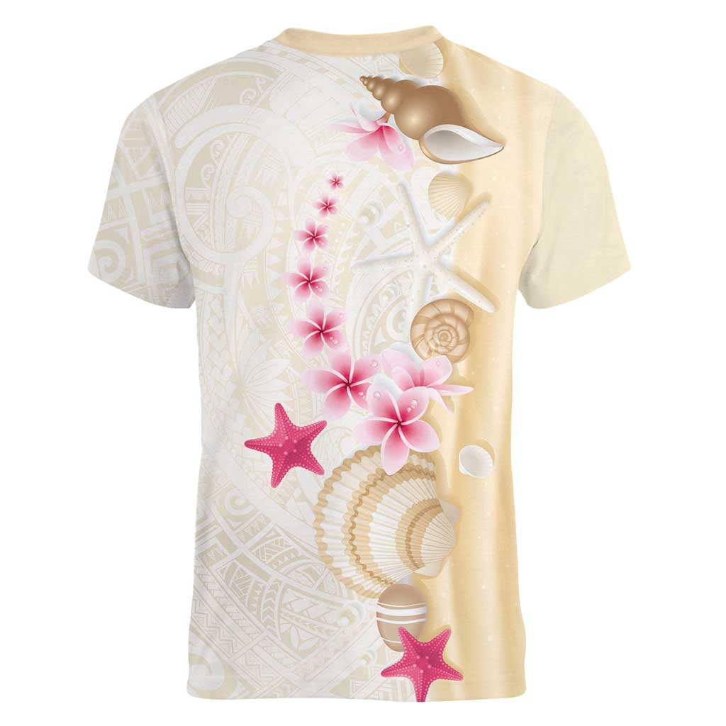 Beige Frangipani Sea Shell Women V-Neck T-Shirt Starfish Polynesian Pattern - Polynesian Pride