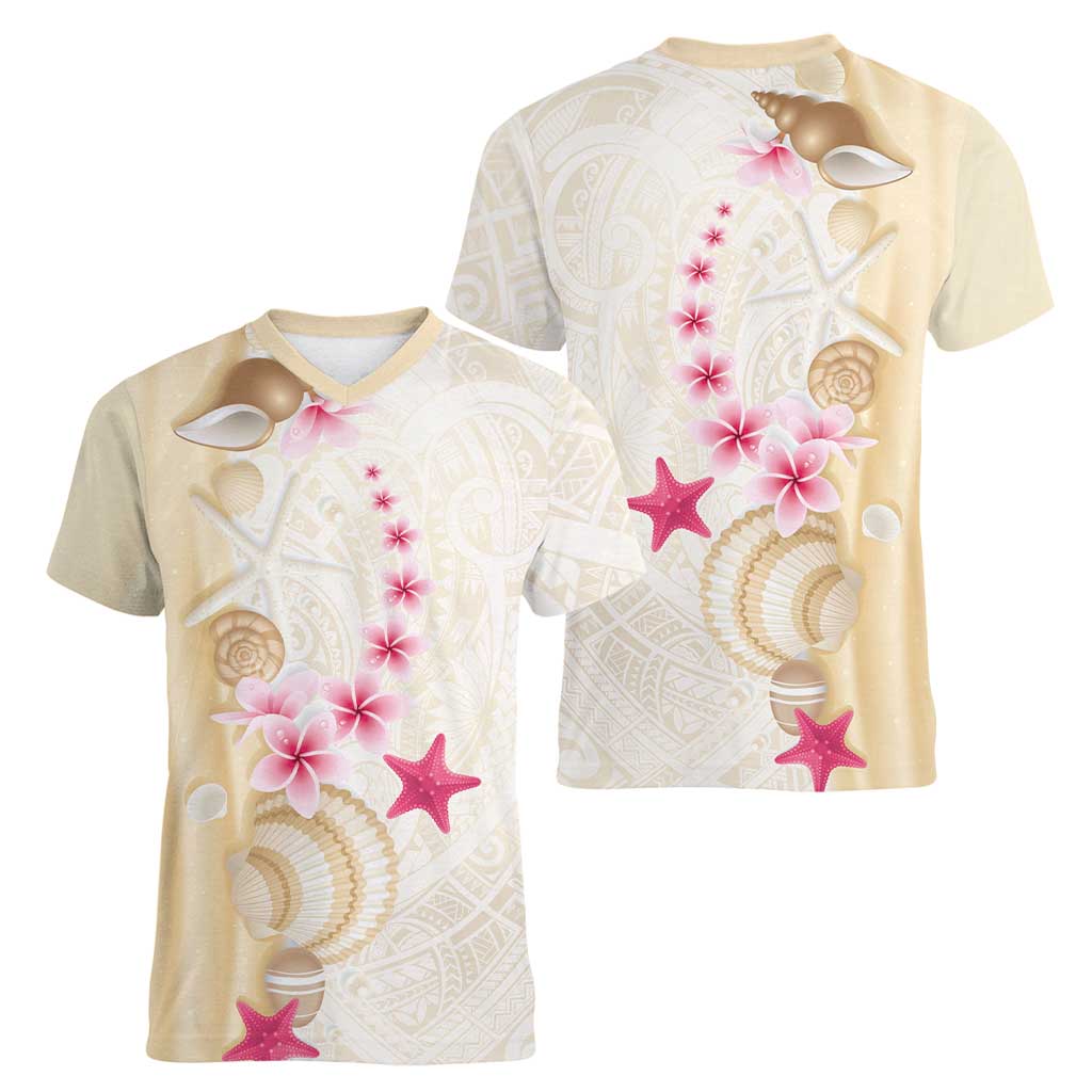 Beige Frangipani Sea Shell Women V-Neck T-Shirt Starfish Polynesian Pattern - Polynesian Pride