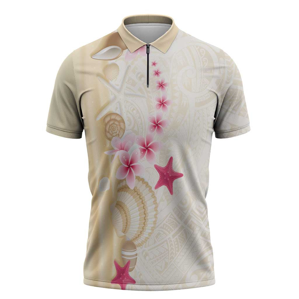Beige Frangipani Sea Shell Zipper Polo Shirt Starfish Polynesian Pattern - Polynesian Pride
