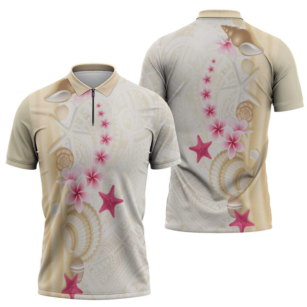 Beige Frangipani Sea Shell Zipper Polo Shirt Starfish Polynesian Pattern - Polynesian Pride