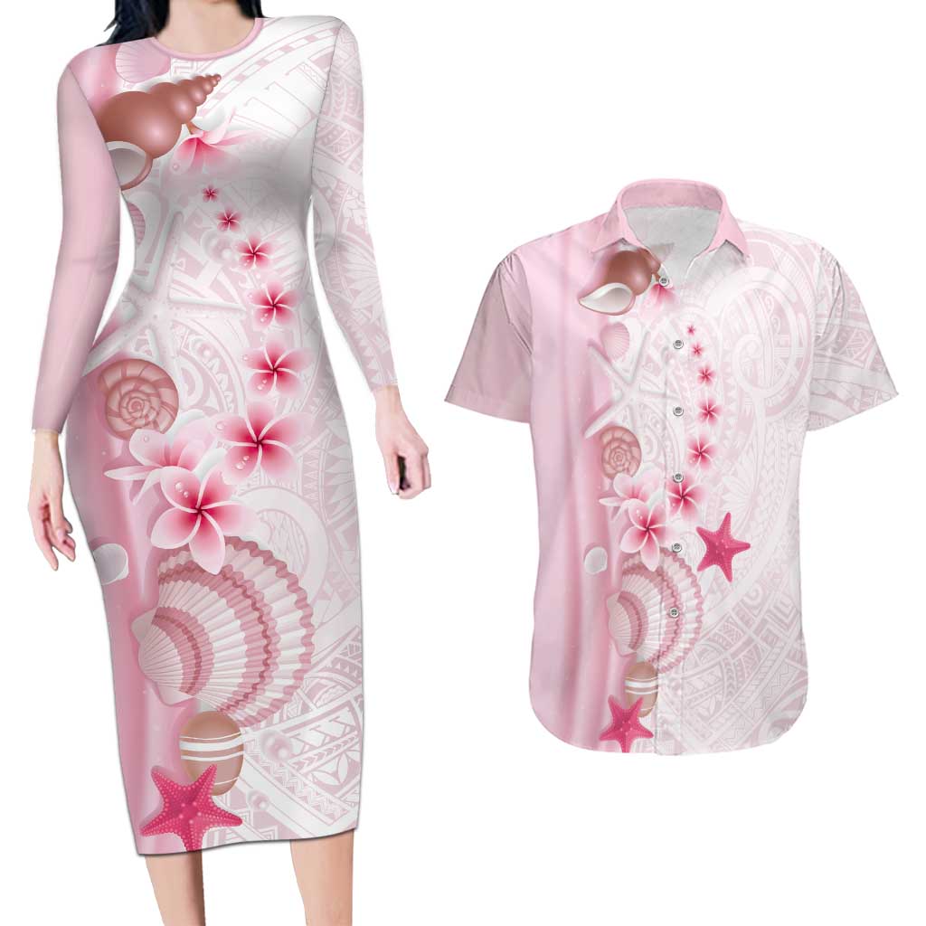 Pink Plumeria Sea Shell Couples Matching Long Sleeve Bodycon Dress and Hawaiian Shirt Starfish Polynesian Pattern LT01 Pink - Polynesian Pride