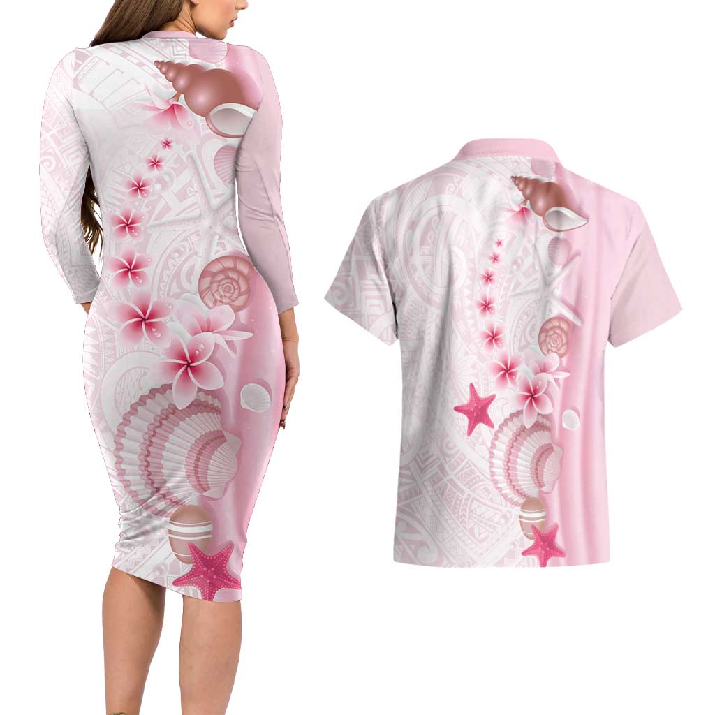 Pink Plumeria Sea Shell Couples Matching Long Sleeve Bodycon Dress and Hawaiian Shirt Starfish Polynesian Pattern - Polynesian Pride